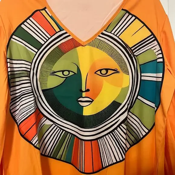 Uoozee Boho Abstract Artsy Sun Face Graphic Orange V Neck Balloon Sleeve Top - Picture 6 of 9